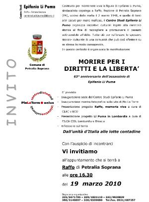 63° anniversario dell’assassinio di Epifanio Li Puma