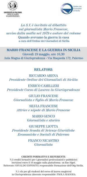 MARIO FRANCESE E LA GUERRA IN SICILIA, DIBATTITO A PALERMO IL 19 MAGGIO
