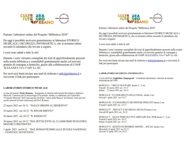 Partono i Laboratori del progetto Biblioteca 2030